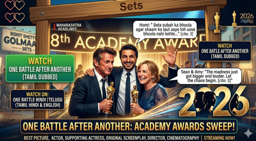 A dynamic illustrative simulated OTT streaming interface, matching the visual quality and production of image_121.png, image_122.png, image_123.png, and image_124.png. The main banner focuses on the likenesses of Sean Penn, Amy Madigan, and the director (likeness of Homi Adajania) celebrate 6 Oscars from image_121.png. They are emotional, holding their 6 golden statues. Below them, a text banner reads: ONE BATTLE AFTER ANOTHER: ACADEMY AWARDS SWEEP!. Smaller sub-banner: BEST PICTURE, ACTOR, SUPPORTING ACTRESS, ORIGINAL SCREENPLAY, DIRECTOR, CINEMATOGRAPHY | STREAMING NOW!. The interface includes simulated 'watch' buttons: a large green WATCH ONE BATTLE AFTER ANOTHER (TAMIL DUBBED), plus Hindi, Telugu, and English audio options. Character likenesses accurate and distinct from image_97.png and image_99.png.