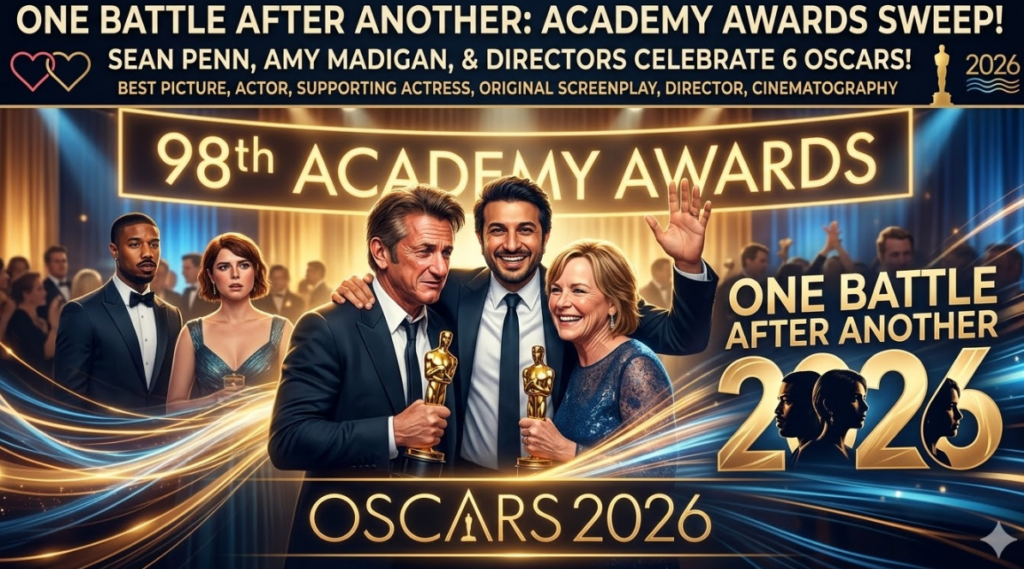 A wide, illustrative close composite photograph, set on a sun-drenched, flowing Oscars 2026 after-party ballroom in Los Angeles, California. A large, glowing '98th Academy Awards' banner frames the central huddle of Sean Penn, Amy Madigan, and a smiling, triumphant director (likeness of Homi Adajania), with hands raised. Surrounding them are dynamic, abstract glowing streams of light, merging into an emerging 'ONE BATTLE AFTER ANOTHER' title with a stylized, dynamic '2026' and the distinct profiles of the main cast silhouetted within it, all emerging from the 'OSCARS 2026' banner. Integrated graphic elements: A main banner across the top: ONE BATTLE AFTER ANOTHER: ACADEMY AWARDS SWEEP!. Sub-banners: SEAN PENN, AMY MADIGAN, & DIRECTORS CELEBRATE 6 OSCARS! and BEST PICTURE, ACTOR, SUPPORTING ACTRESS, ORIGINAL SCREENPLAY, DIRECTOR, CINEMATOGRAPHY. Icons of stylized hearts, a golden statue with waves, and a stylized '2026'. The major nominees, Michael B. Jordan and Jessie Buckley, look on from the background. Saturated colors, motion blur, and cinematic textures. Character likenesses are highly accurate.
