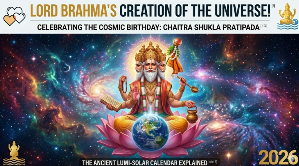 A high-quality, illustrative close-up illustrative photograph, forming the second image in a character deep-dive sequence for a detailed article. This scene concentrates specifically on Lord Brahma as the 'Resilient and Sharp-Witted Matriarch' avatar, four-faced and seated on a massive floating lotus in a vibrant nebular galaxy, matching the visual quality and production of image_131.png. Lord Brahma, holding four sacred objects, has a profound expression of focused, four-faced creation. A clean text banner across the top, using the clean text style as image_131.png: LORD BRAHMA: CREATION OF THE UNIVERSE!. Sub-banner below: CHAITRA SHUKLA PRATIPADA | GUDIPADVA'S COSMIC ORIGIN. Smaller sub-banner near footer: THE ANCIENT LUMI-SOLAR CALENDAR EXPLAINED. Icons of connected hearts, golden statue with waves, and '2026'. The major nominees Michael B. Jordan and Jessie Buckley are out of focus in the distant background of the galactic creation. Style seamless match. Date consistent. Production very high. Small high-framed inset circle with Multigenerational Family connecting on screen. Characters likenesses distinct.