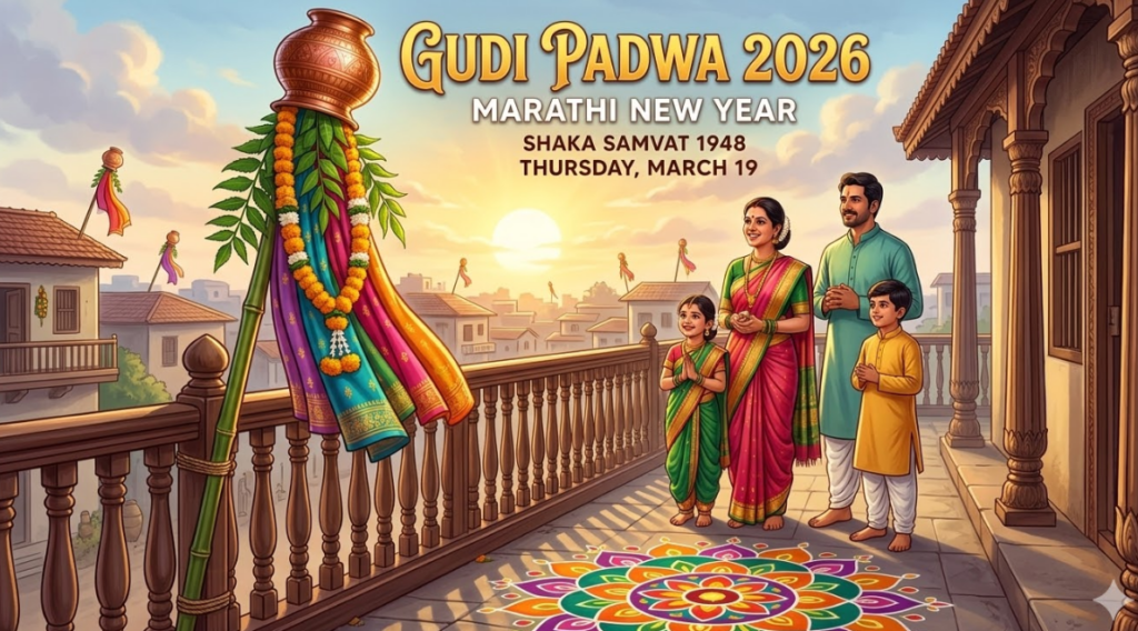 A warm-toned illustration of a traditional Maharashtrian family of four (father, mother, daughter, son in ethnic wear) celebrating Gudi Padwa on their balcony. A large, ornate Gudi pole with a copper pot and garlands is prominent on the left. A colorful rangoli is on the floor. The background shows a sunrise over an Indian town. Text at the top center reads 'Gudi Padwa 2026, MARATHI NEW YEAR, SHAKA SAMVAT 1948, THURSDAY, MARCH 19'.