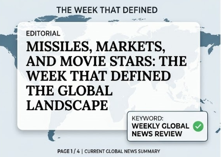 A four-part presentation slide infographic for a weekly global news review. Panel one displays the title 'Missiles, Markets, and Movie Stars' over a world map. Panel two focuses on 'Geopolitics & Oil' with icons of an oil derrick and a missile. Panel three covers 'Finance & Commodities' illustrating gold bars and a rising stock chart. Panel four highlights 'Culture & Celebrity' showing a red carpet, camera, and a gold award statuette.