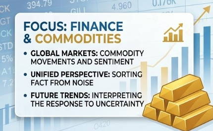 A four-part presentation slide infographic for a weekly global news review. Panel one displays the title 'Missiles, Markets, and Movie Stars' over a world map. Panel two focuses on 'Geopolitics & Oil' with icons of an oil derrick and a missile. Panel three covers 'Finance & Commodities' illustrating gold bars and a rising stock chart. Panel four highlights 'Culture & Celebrity' showing a red carpet, camera, and a gold award statuette.
