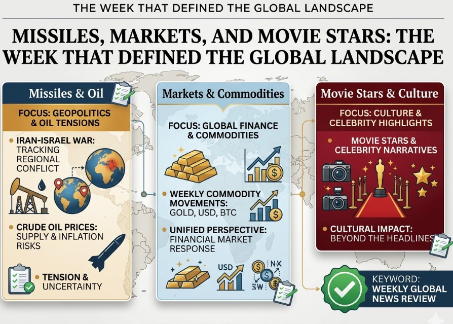 A comprehensive infographic titled 'Missiles, Markets, and Movie Stars: The Week That Defined The Global Landscape' set against a world map. It features three interconnected columns: 'Missiles & Oil' with a missile icon and a globe pinpointing the Middle East; 'Markets & Commodities' with illustrations of gold bars and financial charts; and 'Movie Stars & Culture' showing a red carpet and a film award statue. A green checkmark badge in the corner reads 'Keyword: Weekly Global News Review'.