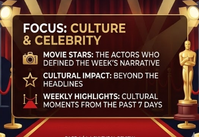 A four-part presentation slide infographic for a weekly global news review. Panel one displays the title 'Missiles, Markets, and Movie Stars' over a world map. Panel two focuses on 'Geopolitics & Oil' with icons of an oil derrick and a missile. Panel three covers 'Finance & Commodities' illustrating gold bars and a rising stock chart. Panel four highlights 'Culture & Celebrity' showing a red carpet, camera, and a gold award statuette.