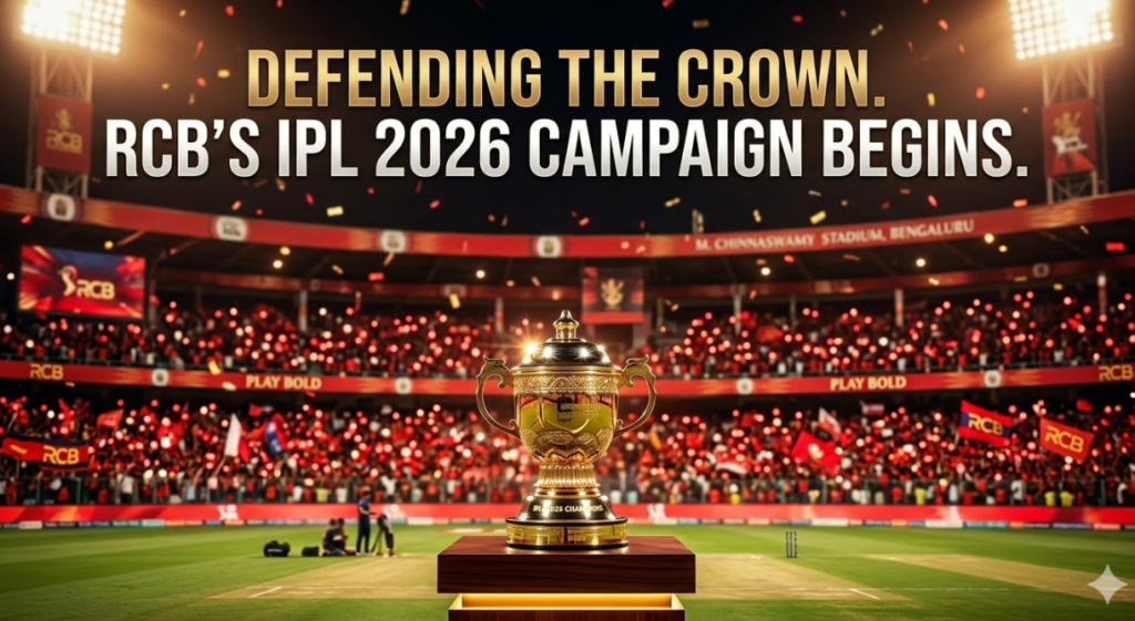 A prestigious and celebratory night photograph captures the packed M. Chinnaswamy Stadium filled with a vibrant 'sea of red' RCB fans. In the foreground, the gleaming IPL Trophy sits prominently on a central pedestal. Prominent gold and white text overlaid on the image states: 'DEFENDING THE CROWN. RCB’S IPL 2026 CAMPAIGN BEGINS.' Smaller, descriptive text around this headline identifies the image as a featured header, section introduction, and includes a detailed visual breakdown.