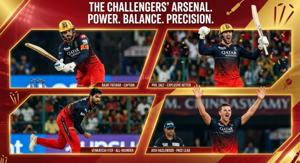 A prestigious and celebratory featured image header, containing prominent bold gold and white text across the top that reads: 'THE CHALLENGERS’ ARSENAL. POWER. BALANCE. PRECISION.' Below the text is a heroic, high-contrast night photograph of the packed M. Chinnaswamy Stadium, filled with thousands of cheering fans forming a vibrant 'sea of red.' Powerful floodlights illuminate the scene. In the foreground, sitting sharply in focus on a polished pedestal, is a gleaming IPL Trophy, which is the focal point. The background crowd and stadium are softly blurred. Smaller descriptive text labels identify the graphic as 'Featured Image | Section: Introduction / Main Theme,' with a conceptual date '17-03-2026 | NAGPUR, INDIA' in the bottom corner