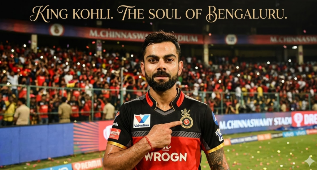 A photograph of Indian cricketer Virat Kohli on a cricket field at night, with an intense expression, looking directly at the camera and pointing with his right hand to the RCB crest on his black, red, and gold jersey. He is standing on a field covered in gold confetti. The background shows packed stadium stands filled with thousands of cheering fans holding up lit phone screens, creating a blur of lights. A grandstand with "CHINNASWAMY STADIUM" text is partially visible. Overlaid text in gold stylized script at the top reads, 'KING KOHLI. THE SOUL OF BENGALURU.' Text at the bottom left displays 'Nagpur, India', and at the bottom right, '17-03-2026 | Nagpur, India'.