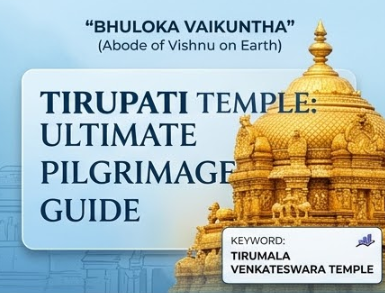 A presentation card titled "BHULOKA VAIKUNTHA (Abode of Vishnu on Earth)". The main headline reads "TIRUPATI TEMPLE: ULTIMATE PILGRIMAGE GUIDE". It features a graphic of the golden temple dome, a map of India, and an SEO checkmark box stating "KEYWORD: TIRUMALA VENKATESWARA TEMPLE". A small icon of a conch shell is in the corner