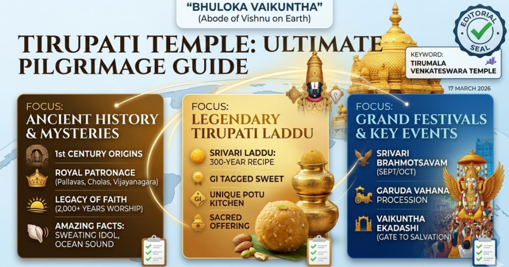 A detailed infographic-style featured image card summarizing the "TIRUPATI TEMPLE: ULTIMATE PILGRIMAGE GUIDE". It features a main central title with a subtitle identifying it as "BHULOKA VAIKUNTHA" (Abode of Vishnu on Earth). Three prominent, bordered columns are central. The left column focuses on "ANCIENT HISTORY & MYSTERIES", detailing 1st-century origins, royal patronage, 2,000+ years of worship, and facts like the sweating idol and ocean sound. Icons: carved stone, crown, conch. The center column focuses on "LEGENDARY TIRUPATI LADDU", featuring a detailed close-up of the laddu with nuts, describing its 300-year recipe, GI tag, and unique kitchen. Includes stacked gold-plated earthen pots. The right column focuses on "GRAND FESTIVALS & KEY EVENTS", illustrating Brahmotsavam, Garuda Vahana procession, and Vaikuntha Ekadashi with cheering crowds. The image includes an 'EDITORIAL SEAL' with a green checkmark and the specific keyword "TIRUMALA VENKATESWARA TEMPLE", a date (17 MARCH 2026), a global map background with swirling lines, and the golden temple dome.