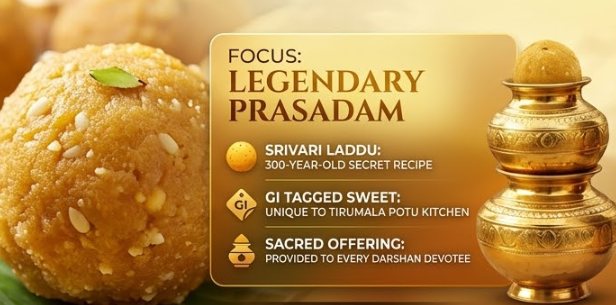 A close-up, high-definition photograph of a textured, fresh Tirupati Laddu with ghee and nuts. The image is overlayed with a golden card titled "FOCUS: LEGENDARY PRASADAM". Bullet points detail "Srivari Laddu: 300-Year-Old Secret Recipe", "GI Tagged Sweet: Unique to Tirumala Potu Kitchen", and "Sacred Offering: Provided to Every Darshan Devotee". Icons include a laddu and a GI tag symbol