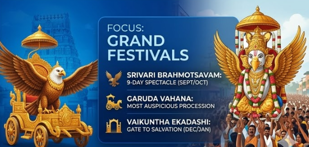 A vibrant editorial graphic card titled "FOCUS: GRAND FESTIVALS". The background is a detailed illustration of a massive crowd procession featuring the Garuda Vahana (a giant eagle carrying the deity). Bullet points list "Srivari Brahmotsavam: 9-Day Spectacle (Sept/Oct)", "Garuda Vahana: Most Auspicious Procession", and "Vaikuntha Ekadashi: Gate to Salvation (Dec/Jan)". Icons include Garuda, a golden chariot, and a rising gate.