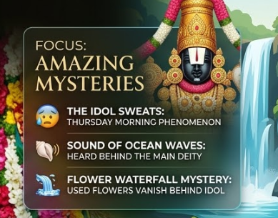 A graphic card titled "FOCUS: AMAZING MYSTERIES". It features a detailed close-up illustration of the main Tirupati Balaji idol with large round eyes, a conch shell, and a stylized waterfall. Bullet points describe "The Idol Sweats: Thursday Morning Phenomenon", "Sound of Ocean Waves: Heard Behind the Main Deity", and "Flower Waterfall Mystery: Used Flowers Vanish Behind Idol". Icons include a sweating face and a conch.