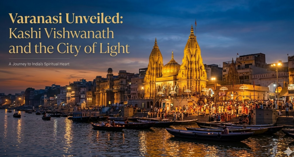 A detailed wide-angle landscape photograph of the illuminated ghats of Varanasi along the Ganges River at twilight. The main Kashi Vishwanath Temple complex glows with brilliant golden light on the crowded riverbank, teeming with pilgrims. Numerous traditional wooden boats carrying people reflect the lights on the water. The sky is deep blue transitioning to warm orange. Overlaid text at the top left reads: 'Varanasi Unveiled: Kashi Vishwanath and the City of Light', with the subtitle 'A Journey to India's Spiritual Heart