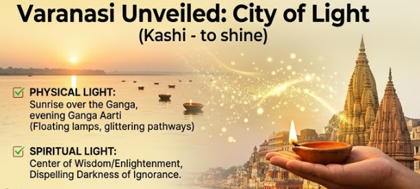 A panoramic landscape photograph taken at twilight (blue hour) showing the illuminated ghats of Varanasi lining the Ganges River. The spires and domes of the Kashi Vishwanath Temple glow brilliantly with golden light against the deep blue sky. Numerous traditional wooden boats, some with floating diyas, are on the river, reflecting the city lights. In the top-left, the gold-colored title 'Varanasi Unveiled: Kashi Vishwanath and the City of Light' and subtitle 'A Journey to India's Spiritual Heart' are overlayed. This visual captures the article's core theme and central location