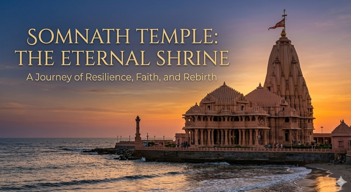 A wide-angle, cinematic photograph of the ornate Somnath Temple at sunset. The large, carved sandstone temple stands on the edge of the Arabian Sea, its towering shikhara with a red flag, domes, and pillared halls reflecting the warm gold and orange light of the setting sun. Gentle waves wash onto a sandy beach in the foreground. A tall pillar with an arrow (Baan Stambh) is on the platform next to the temple. In the upper-left corner, elegant gold text reads: 'SOMNATH TEMPLE: THE ETERNAL SHRINE', with a smaller line below: 'A Journey of Resilience, Faith, and Rebirth'.