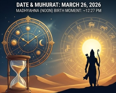 A dynamic graphic card with a blue and gold color scheme, set against a traditional illustrated Hindu Panchang page showing classical celestial bodies and a zodiac wheel. An ornate clock face with sun and moon symbols shows the precise moment of birth. Text title: 'DATE & MUHURAT: MARCH 26, 2026'. Concise summary points with icons list: 'MADHYAHNA (NOON) BIRTH MOMENT: ~12:27 PM on March 26', 'NAVAMI TITHI BEGINS: 11:48 AM on March 26', and 'NAVAMI TITHI ENDS: 10:06 AM on March 27'. This image visually presents the article's core timing and astronomical data