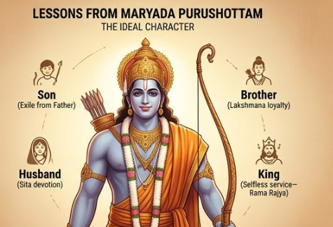 A powerful conceptual illustrative portrait of Lord Rama (Maryada Purushottam), standing as a strong, peaceful figure holding his Kodanda bow. He is surrounded by four small, stylized visual icons orbiting him subtly, each with minimal labels: 'Son (Exile from Father)', 'Brother (Lakshmana loyalty)', 'Husband (Sita devotion)', and 'King (Selfless service—Rama Rajya)'. Text title: 'LESSONS FROM MARYADA PURUSHOTTAM'. Subtitle declares: 'THE IDEAL CHARACTER'. This image uses icons to explain the moral framework detailed in the article.