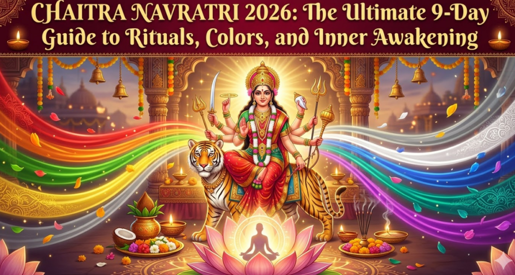 An illustrated festive graphic for "CHAITRA NAVRATRI 2026," with the header text "The Ultimate 9-Day Guide to Rituals, Colors, and Inner Awakening" at the top. The central subject is Goddess Durga, with multiple arms holding traditional items, seated on a tiger. Behind them, a vibrant spectrum of colorful ribbons forms a large, flowing wave, with floating petals. Below, ritual elements include a kalash, offerings, incense, and a meditative figure glowing inside a pink lotus, all under ornate golden arches with hanging bells and oil lamps (diyas). The art style is detailed digital illustration with glowing effects.