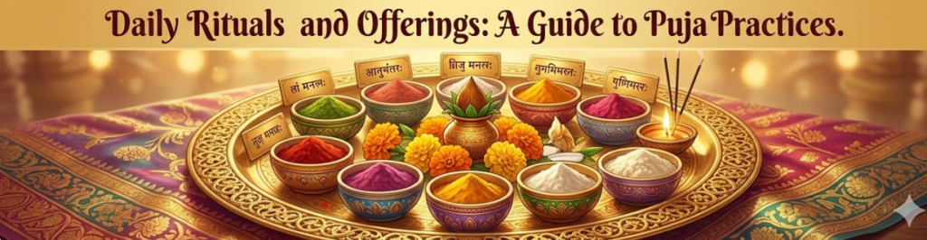 A close-up photograph showing a collection of specific Navratri elements: tiers of traditional Golu dolls, a large multi-tiered brass oil lamp, and a copper kalash with mango leaves and a coconut, all illuminated by soft festival lights." Chaitra Navratri 2026