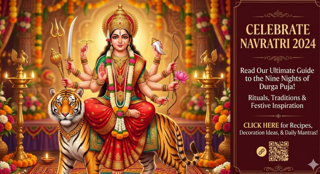 "A detailed close-up photograph of a beautifully adorned clay idol of Goddess Durga seated on her tiger vahana, surrounded by massive flower garlands of marigolds and jasmine, numerous lit traditional oil lamps, and offering trays filled with fresh fruits and sweets." Chaitra Navratri 2026