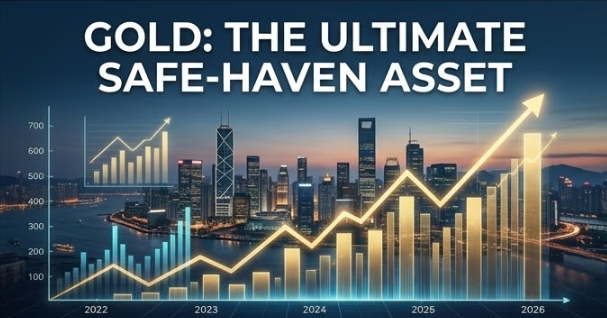 A glowing, upward-trending bar chart and line graph superimposed over a modern city skyline at dusk, illustrating financial growth. The text overlay reads, "GOLD: THE ULTIMATE SAFE-HAVEN ASSET