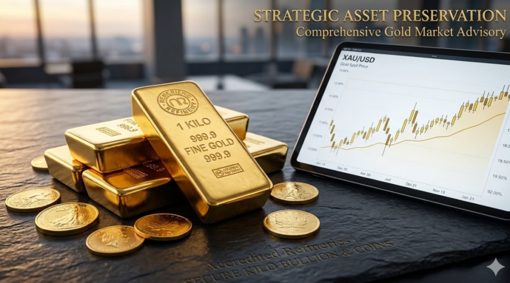 A promotional image featuring a stack of 1-kilo 999.9 fine gold bars and scattered gold coins on a dark textured surface. A tablet in the background displays a live XAU/USD gold spot price candlestick chart against a blurred modern city skyline. Overlaid text reads: 'STRATEGIC ASSET PRESERVATION - Comprehensive Gold Market Advisory' at the top right, and 'Accredited Refineries | SECURE KILO BULLION & COINS' at the bottom