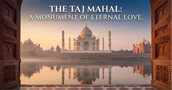 A scenic view from inside a red sandstone archway overlooking the Yamuna River, with the white marble Taj Mahal complex gleaming in the distance under a purple and orange sunrise sky. Text overlay reads, 'THE TAJ MAHAL: A MONUMENT OF ETERNAL LOVE.' Agra travel guide