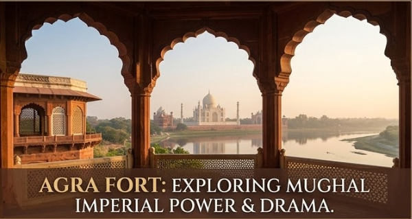 A panoramic photograph taken from inside an ornate red sandstone balcony with multiple scalloped arches, looking out over a river towards the distant Taj Mahal during the golden hour of sunset. Text overlay reads, 'AGRA FORT: EXPLORING MUGHAL IMPERIAL POWER & DRAMA Agra travel guide