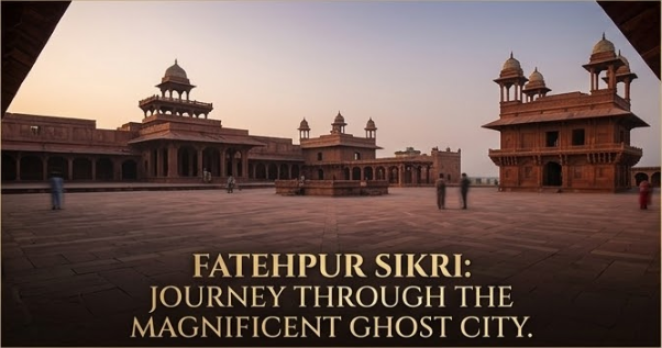 A low-angle shot framed by dark sandstone architecture, looking across a massive, empty stone-paved courtyard toward the prominent domes and buildings of the Fatehpur Sikri complex at dusk. Text overlay reads, 'FATEHPUR SIKRI: JOURNEY THROUGH THE MAGNIFICENT GHOST CITY.' Agra travel guide