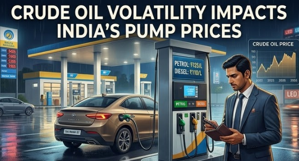 A concerned Indian man in formal attire stands at a modern, clean petrol station in Nagpur at night, looking at a digital pump screen displaying high fuel prices (PETROL: ₹125/L DIESEL: ₹110/L) and holding his wallet. Rain-slicked ground reflects the city lights and LED signs in the upper background, which overlay digital graphs showing historical crude oil price fluctuations from 2022 to 2026. Bold white text across the top reads: 'CRUDE OIL VOLATILITY IMPACTS INDIA'S PUMP PRICES'. petrol and diesel price today