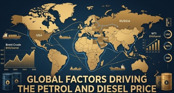 A sophisticated gold and deep blue infographic world map highlighting key oil-producing regions and global shipping routes, with dynamic power flow lines and dynamic crude oil price indicators. Digital graphs on the left display Brent and WTI price trends ($110/barrel) with dynamic indicators and USD and INR symbols. Integrated gold text in the lower center reads: 'GLOBAL FACTORS DRIVING THE PETROL AND DIESEL PRICE'. petrol and diesel price today