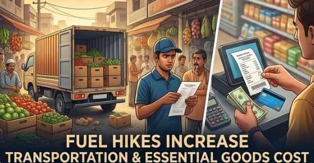 A split composition illustrating the economic ripple effect. On the left, a realistic illustration shows a modern Indian delivery truck (Mahindra Furio) unloading boxes of fresh produce at a crowded market stall in Nagpur, with a concerned delivery driver looking at a receipt. On the right, a close-up of a consumer's hand at a grocery checkout counter paying for items, with high prices visible on the receipts. Text across the lower third reads: 'FUEL HIKES INCREASE TRANSPORTATION & ESSENTIAL GOODS COST'. petrol and diesel price today