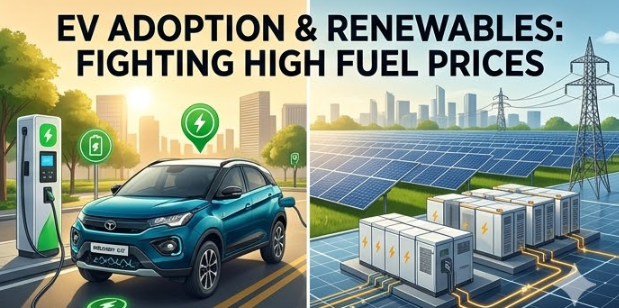 A dynamic split view showcasing future energy solutions. On the left, a modern Electric Vehicle (Nexon EV) is plugged into a sleek, brightly lit public charging station on a sunny Nagpur street with dynamic green charging icons. On the right, a large solar panel farm integrated with industrial-scale battery storage feeds into a smart grid, against a backdrop of a clean, sustainable urban landscape. Text serves as a title in bold font across the top section, reading: 'EV ADOPTION & RENEWABLES: FIGHTING HIGH FUEL PRICES'.