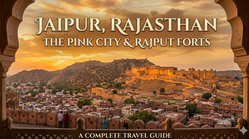A breathtaking panoramic sunset view of Jaipur's pink-hued buildings and a massive, glowing Rajput fort sprawling across the rugged hills, beautifully framed by an intricately carved stone archway. Elegant text overlaid in the sky reads "JAIPUR, RAJASTHAN: THE PINK CITY & RAJPUT FORTS," with "A COMPLETE TRAVEL GUIDE" written along the bottom border.