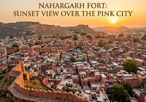 A wide-angle landscape shot from Nahargarh Fort overlooks the entire terracotta pink city of Jaipur and the surrounding hills as the golden sunset casts a warm glow, showing the historic urban grid below and distant forts like Amer and Jaigarh.