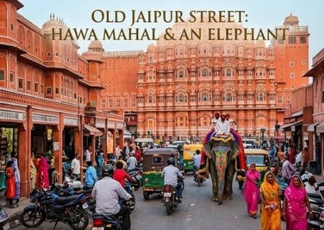 A colorful and bustling street scene within the walled Old City of Jaipur shows terracotta pink buildings lining a narrow lane crowded with people, auto-rickshaws, motorcycles, and a decorated painted elephant with tourists walking past the magnificent Hawa Mahal.