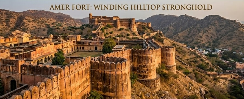 A panoramic photograph captures the extensive red and pink sandstone defensive walls of Amer Fort winding dramatically along the rugged Aravalli Hills, with the higher Jaigarh Fort visible on a distant ridge, emphasizing the military scale.