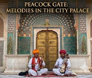 A beautifully framed photograph of the vibrant Peacock Gate at the City Palace in Jaipur, featuring intricate blue, green, and gold patterns, with two Rajasthani musicians in traditional turbans playing a sarangi in the foreground among detailed marble screens.