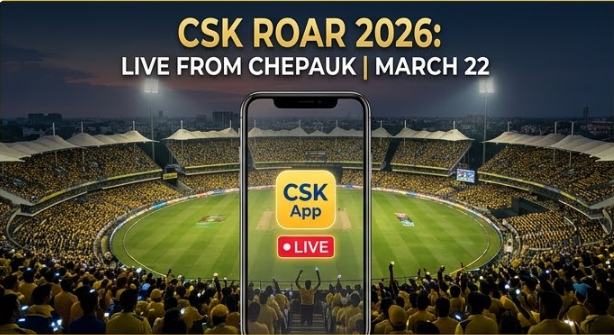 An elevated twilight photograph captures a packed M.A. Chidambaram Stadium (Chepauk) in Chennai, India, on March 22, 2026. Thousands of fans fill the stands in yellow jerseys, holding up phone flashlights, creating a shimmering yellow sea effect under the floodlights. A prominent black smartphone is floating in the foreground, displaying the 'CSK App' with a glowing 'LIVE' red button. Text overlaid at the top reads: 'CSK ROAR 2026: LIVE FROM CHEPAUK | MARCH 22'. CSK Roar 2026 live streaming