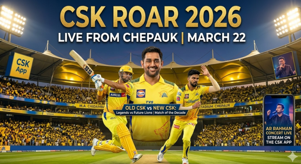 A dynamic featured image poster for the Chennai Super Kings event, CSK ROAR 2026 live streaming, to be held at the M.A. Chidambaram Stadium (Chepauk) on March 22. Centrally positioned are prominent photographs of cricket legends MS Dhoni, Suresh Raina batting (representing the "Old"), and Ruturaj Gaikwad fielding (representing the "New"), framed by an illustrated roaring lion. Large text at the top reads, "CSK ROAR 2026" and "LIVE FROM CHEPAUK | MARCH 22". A smartphone displayed on the right provides details for the event's entertainment, explicitly stating, "AR RAHMAN CONCERT LIVE | STREAM ON THE CSK APP." Additional text below the players highlights the main attraction: "Old CSK vs New CSK match: Legends vs Future Lions | Match of the Decade". The background features a massive, yellow-clad crowd inside Chepauk.