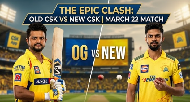 A portrait composition of legendary CSK batsman Suresh Raina (left, in his classic yellow jersey with 'AIRCEL') and current captain Ruturaj Gaikwad (right, in the modern generic kit) inside the Chepauk stadium on March 22, 2026. They stand in front of a massive LED screen displaying large text: 'THE EPIC CLASH: OLD CSK VS NEW CSK | MARCH 22 MATCH' and below it, 'OG vs NEW'. Thousands of yellow-jersey fans are in the stands behind them under warm lighting. CSK Roar 2026 live streaming