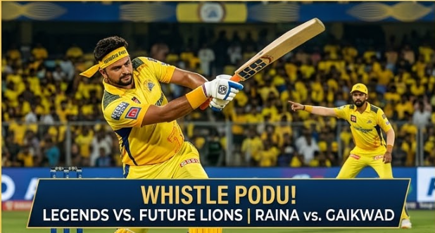 A high-action photograph taken from ground level on the Chepauk cricket field on March 22, 2026. Suresh Raina, in his classic yellow CSK kit and 'Whistle Podu' headband, is captured executing a powerful sweep shot. In the background, out of focus, current captain Ruturaj Gaikwad is directing play. The stadium stands are a roaring yellow blur of thousands of passionate fans. Overlaid text at the bottom left reads: 'WHISTLE PODU! LEGENDS VS. FUTURE LIONS | RAINA vs. GAIKWAD'. CSK Roar 2026 live streaming