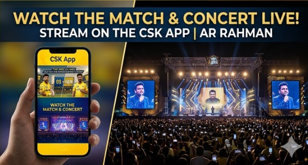 A modern night scene inside the Chepauk stadium on March 22, 2026. A close-up hand in the foreground holds a smartphone showing the 'CSK App' interface with a multi-feed stream of the cricket match and a massive AR Rahman concert stage. In the background, the actual large stage is illuminated with elaborate lighting and massive screens showing AR Rahman, with thousands of phone flashlights in the audience like stars. Overlaid text at the top right reads: 'WATCH THE MATCH & CONCERT LIVE! STREAM ON THE CSK APP | AR RAHMAN'. CSK Roar 2026 live streaming