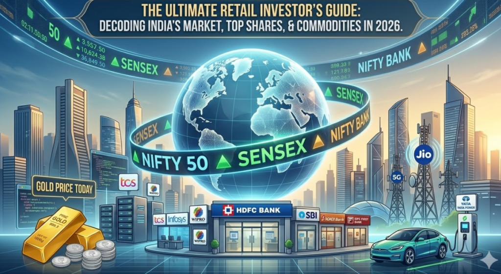 An illustrative infographic grid for an Indian market article, composed of four distinct thematic panels. It covers tracking the NIFTY 50 and SENSEX barometers (top-left) and highlights banking giants HDFC Bank and SBI leading (top-right). Below, it analyzes market movers Reliance, Tata Motors (EV), and IT titans (bottom-left), and advises on diversifying with gold, silver, and defensive stocks like ITC (bottom-right).