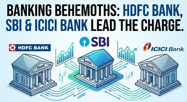 An illustration of several stylized bank buildings with recognizable logos connected by digital data lines and blue text reading: 'BANKING BEHEMOTHS: HDFC BANK, SBI & ICICI BANK LEAD THE CHARGE.'