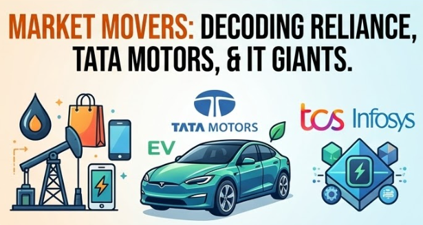 A dynamic infographic with distinct icons representing a conglomerate, an EV car, and tech code, and large orange text reading: 'MARKET MOVERS: DECODING RELIANCE, TATA MOTORS, & IT GIANTS.'