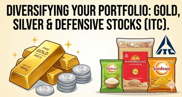 A classic representation showing gleaming gold bars and silver coins next to illustrated consumer products like Aashirvaad and Sunfeast with dark text reading: 'DIVERSIFYING YOUR PORTFOLIO: GOLD, SILVER & DEFENSIVE STOCKS (ITC).'