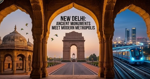 A view of the India Gate through historical arches, with modern skyscrapers and an elevated metro train in the background, under a twilight sky. The text reads: "NEW DELHI: ANCIENT MONUMENTS MEET MODERN METROPOLIS." New Delhi ancient monuments