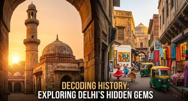 An ancient stone minaret and mosque domes framed by historical arches, overlooking a bustling street with rickshaws and colorful market stalls. The text reads: "DECODING HISTORY: EXPLORING DELHI'S HIDDEN GEMS. New Delhi ancient monuments