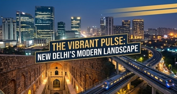 : A modern city skyline and network of illuminated elevated roads and metro tracks at night, contrasting with historical stone structures in the foreground. The text reads: "THE VIBRANT PULSE: NEW DELHI'S MODERN LANDSCAPE."